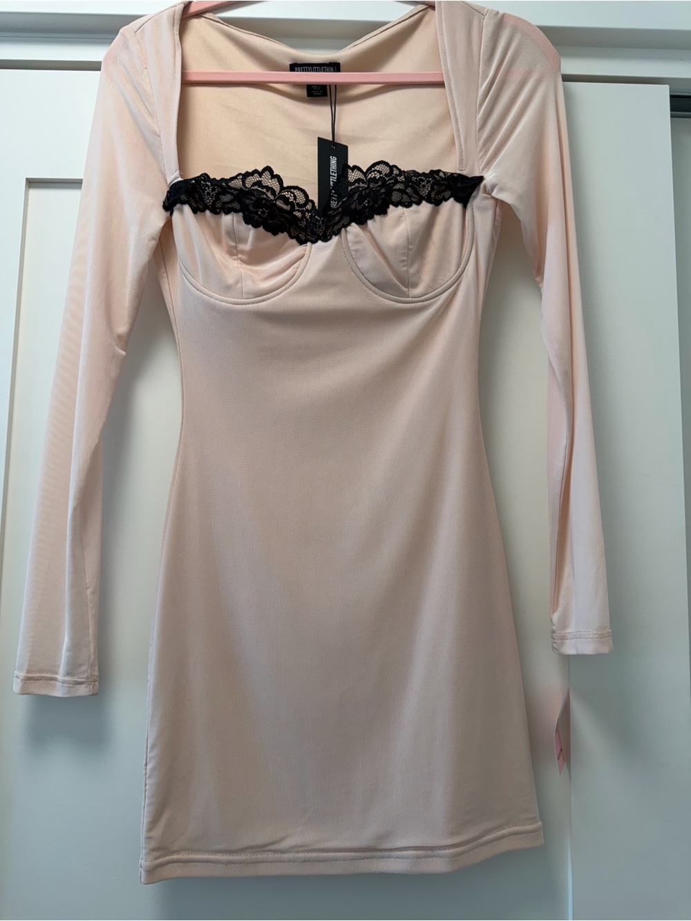PrettyLittleThing Blush Pink Long Sleeve Slip with Black Lace Trim